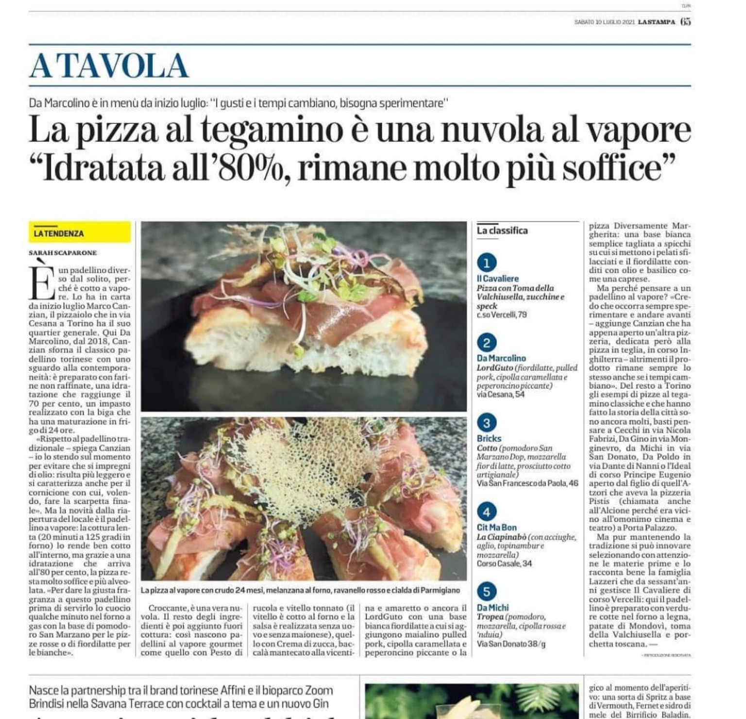 Pagina originale de La Stampa del 10 luglio 2021: La pizza al tegamino è una nuvola al vapore, di Sarah Scaparone